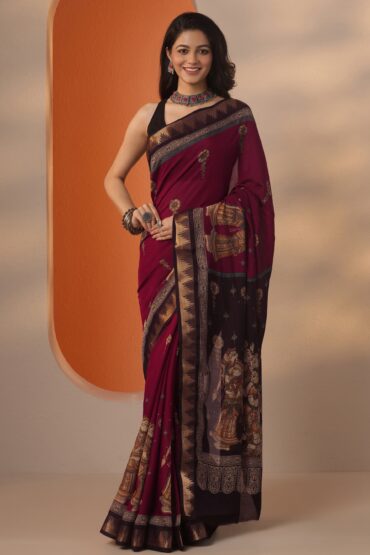 Red Printed Silk Blend Saree With Unstitched Blouse Piece