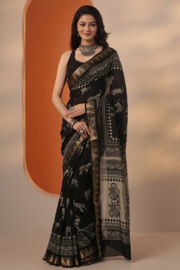 Black Printed Silk Blend Saree With Unstitched Blouse Piece