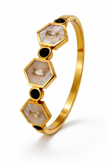 Geometric Mother-of-Pearl Gold Bracelet with Black Onyx Accents