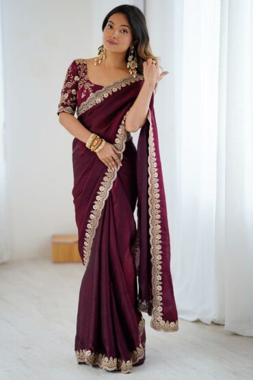 Lori Burgundy Tissue Saree with Embroidered Border Ready To Wear Aentic Saree