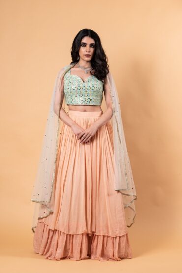 Peach Lehenga Set with Mirror Work Choli and Dupatta