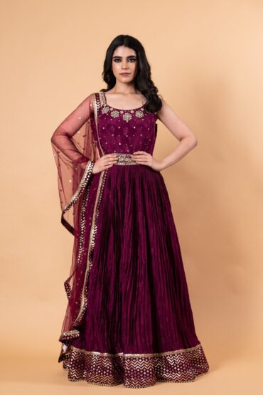 Wine Color Embroidered Silk Gown For Women