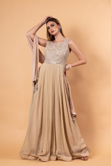 Mocha Brown Embroidered Gown in Georgette with Net Dupatta