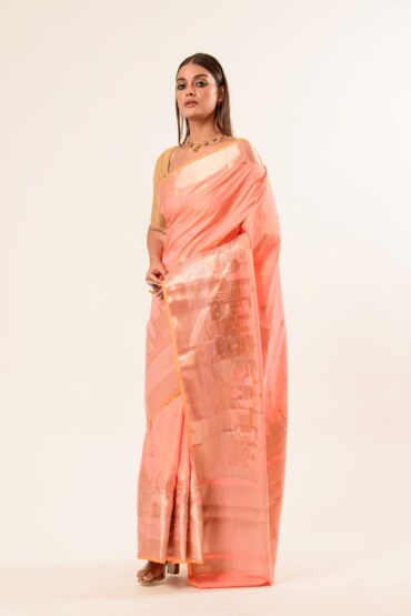 Coral Peach Pure Katan Banarasi Silk Saree With Golden Temple Border