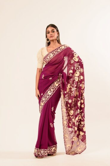 Purple Parsi Gara Pure Georgette Saree with Hand Embroidery Work