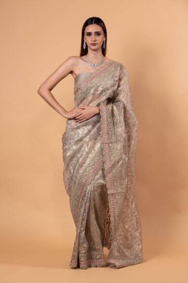 Silver Tissue Silk Saree with All-Over Zari Embellished Floral Work