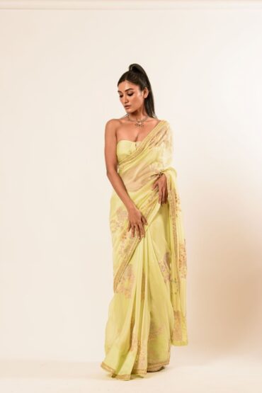 Light Yellow Hand Embroidered Crepe Silk Saree