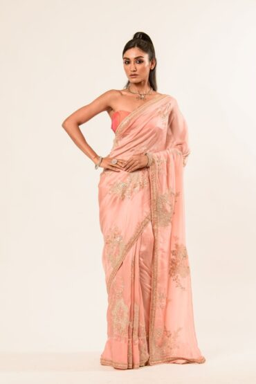 Light Pink Hand Embroidered Crepe Silk Saree
