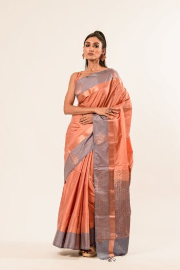 Peach Pure Kanjivaram Silk Saree with Gray Border