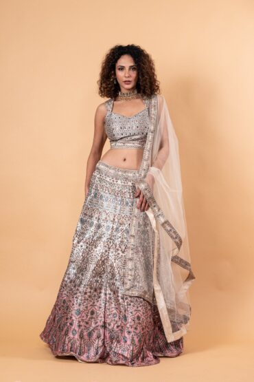 Pastel Grey Printed Lehenga with Embroidery and Stone Work