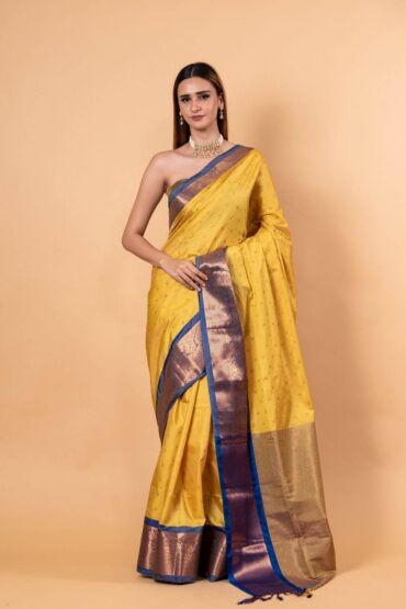 Yellow Gadwal Silk Saree with Contrasting Blue and Gold Zari Work