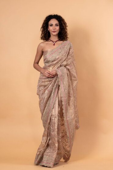 Pink Tissue Silk Saree with All-Over Floral Zari Embroidery