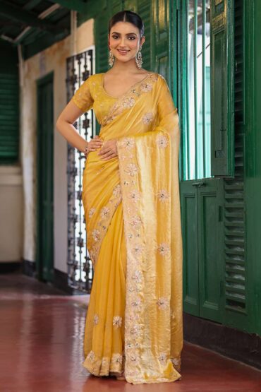 Polly Yellow Tissue Saree with Embroidery Work Ready to Wear Aentic Saree