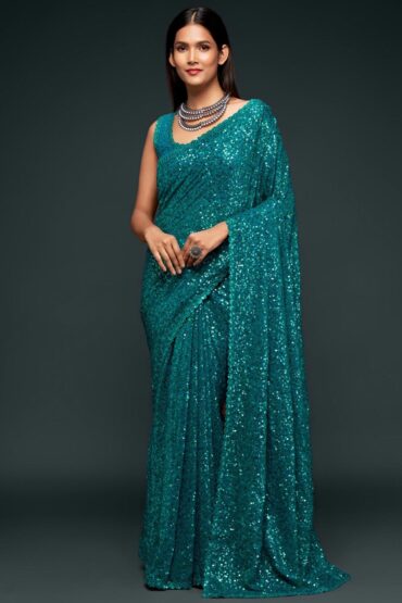 Hailey Teal Sequins Embroidery Faux Georgette Aentic Saree