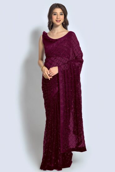Huda Wine Georgette Sequin Aentic Saree