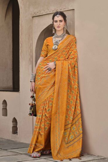 Amira Mustard Yellow Silk Saree with Printed Design Ready to Wear Aentic Saree