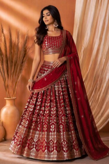 Mavi Maroon Designer Sequins & Thread Embroidered Georgette Lehenga Saree