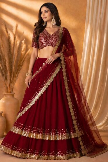 Ritu Wine Georgette Sequins & Zari Embroidered Wedding Party Wear Lehenga Saree