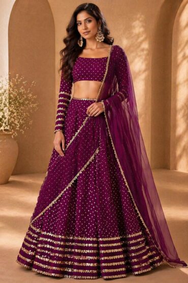 Raina Wine Georgette Sequins & Gold Zari Embroidered Lehenga Saree