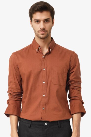Aentic Men's Auxfo Brown Cotton Plain Regular Fit Full Sleeve Button-Down Collar Shirt