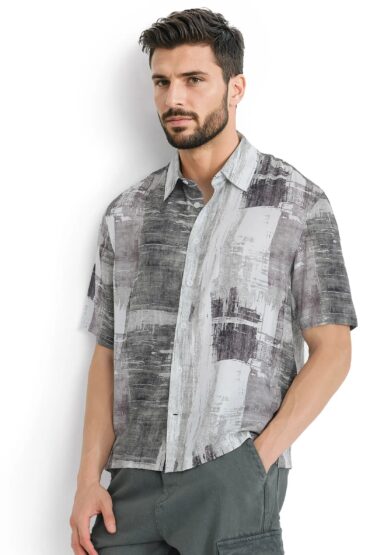 Aentic Men's Azah Dusky Green Viscose Abstract Print Boxy Fit Half Sleeve Collared Shirt