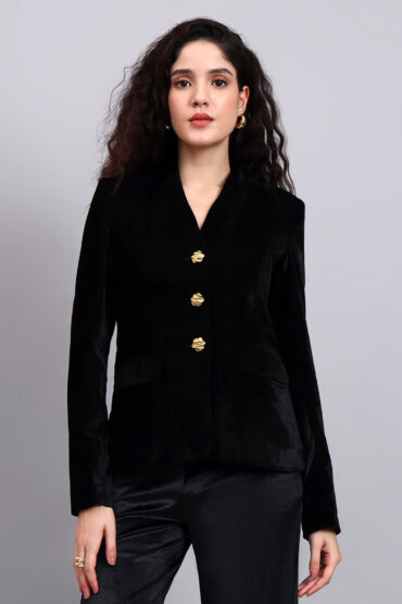 Women Black Golden Buttoned Velvet Blazer