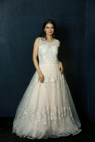 Light Pink Net Gown Embellished With Swarovski Embroidery