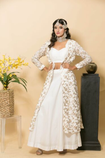 White Designer Dress with Golden Embroidered Jacket