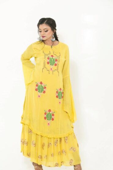 Yellow Party Wear Gown With Hand Embroidery