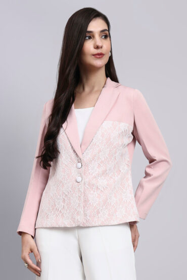 Women Baby Pink Lace Panel Detail Formal Blazer