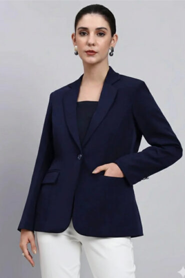 Women Navy Blue Notched Lapel Blazer