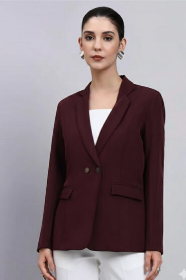 Women Burgundy Notched Lapel Blazer