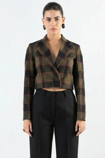 Women Green Checkered Warm Crop Blazer