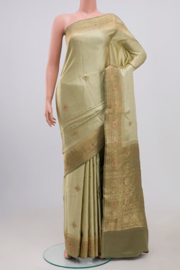 Beige with Green Color Banarasi Silk Saree