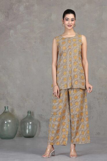 Beige Floral Printed Cotton Straight Co-ord Set