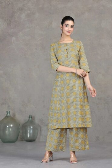 Beige Printed Cotton A-Line Co-ord Set