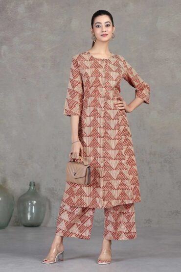 Beige Printed Straight Cotton Co-ord Set
