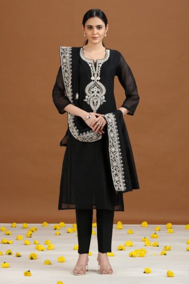 Black Embroidered Straight Ethnic Set