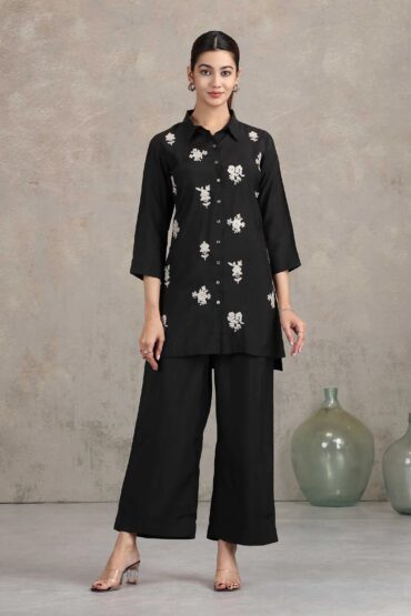 Black Floral Embroidered Straight Co-ord Set