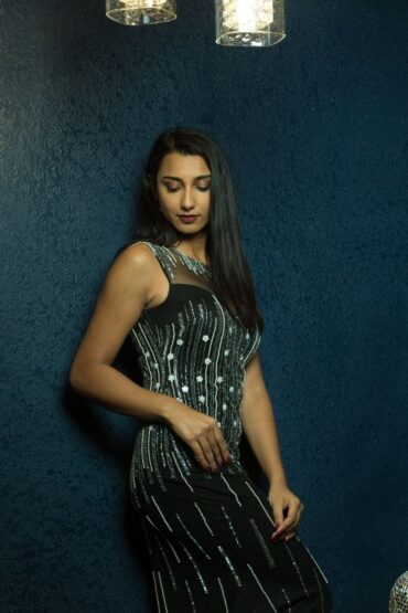 Black Bead Embroidered Evening Western Gown