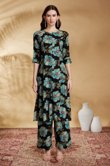 Black Rayon Printed Straight Kurta Pant Co ord Set
