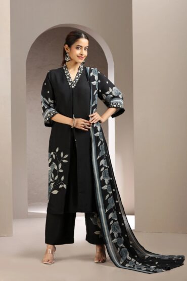 Black Embroidered Roman Silk Kurta Pant and Dupatta Set