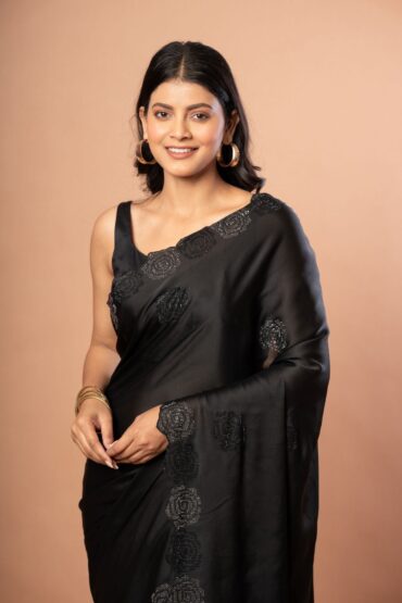 Black Sequin Border Saree in Satin Silk