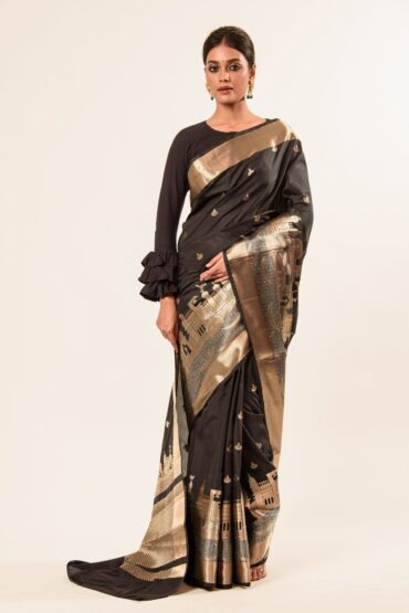 Black Temple Border Handwoven Katan Banarasi Saree