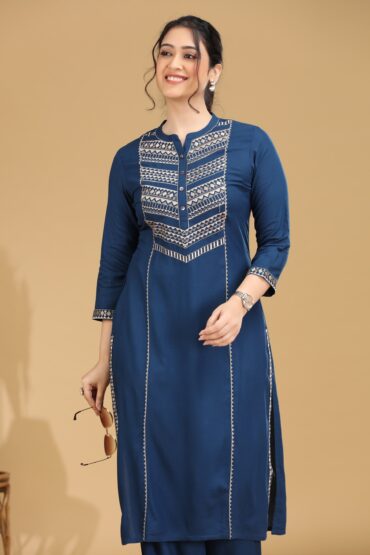 Blue Embroidered Straight Co ord Set