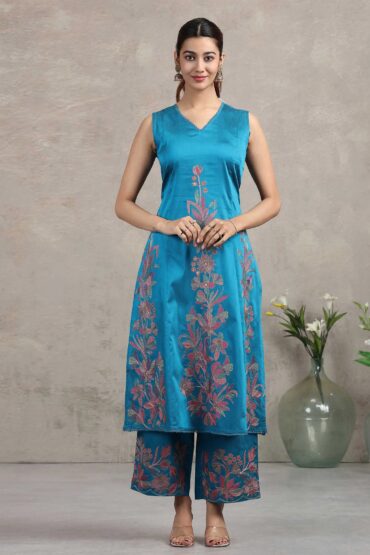 Blue Floral Embroidered A-Line Co-ord Set