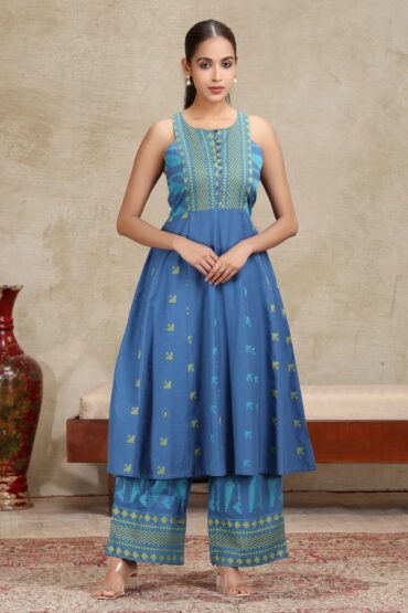 Blue Yarndyed Fit and Flare Co-ord Set