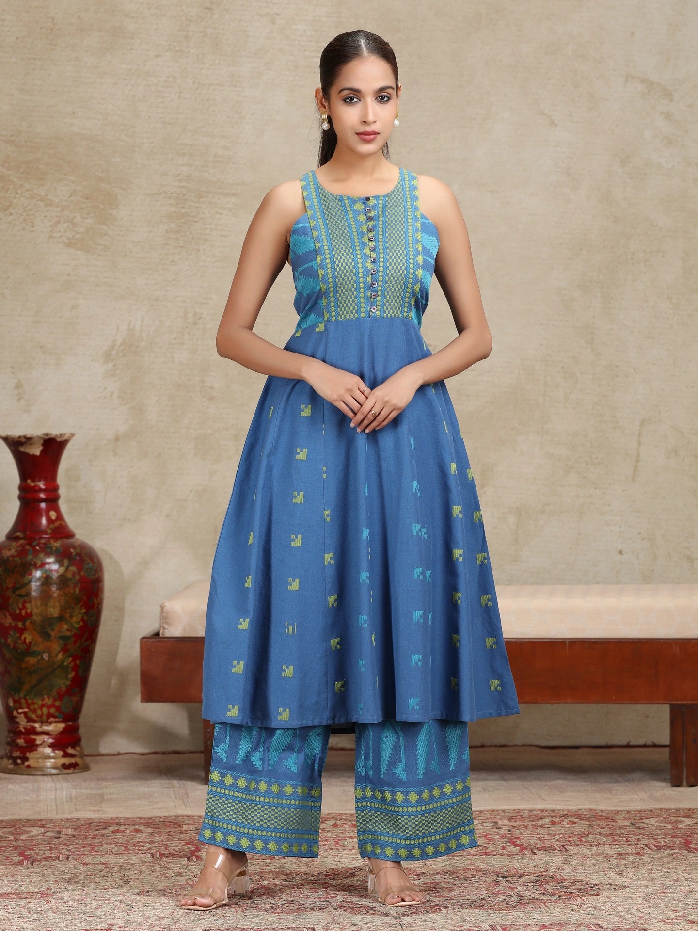 Blue Yarndyed Fit and Flare Co-ord Set