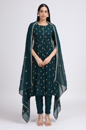 Bottle Green Embroidered A-Line Ethnic Set