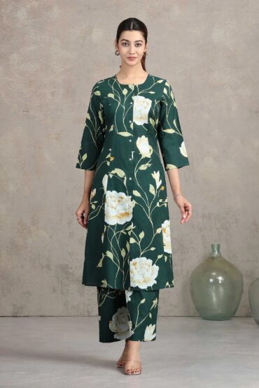Bottle Green Floral Embroidered A-Line Co-ord Set